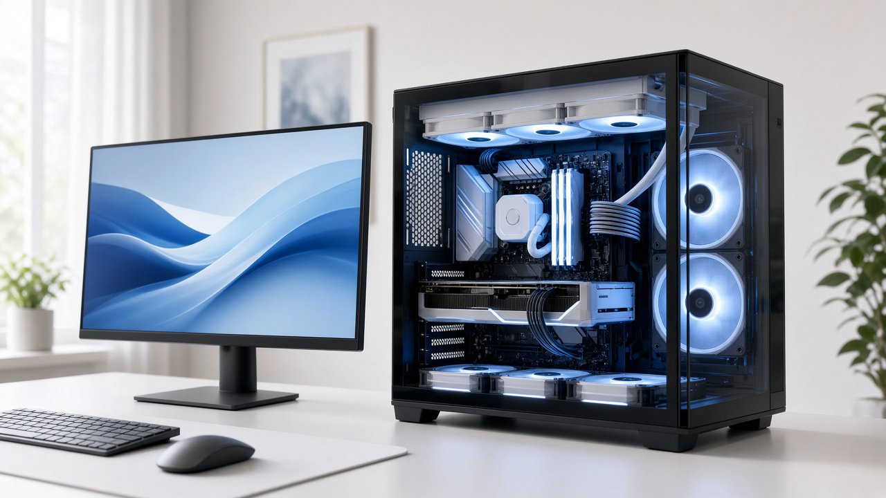 Schwarzer PC-Tower mit Glasfront und blau leuchtenden Lüftern neben Monitor, Tastatur und Maus auf weißem Schreibtisch