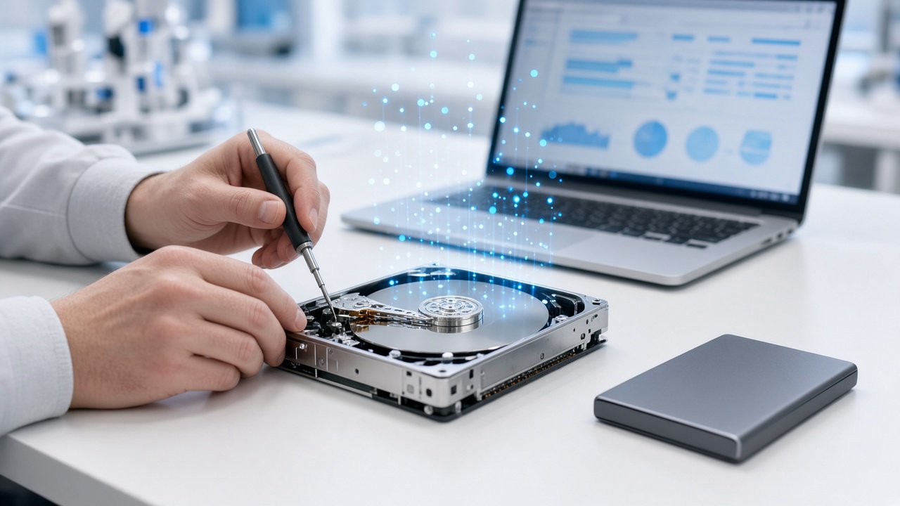 Techniker arbeitet mit Präzisions-Schraubendreher an einer geöffneten Festplatte, daneben externe Festplatte, im Hintergrund Laptop mit Datenanalyse