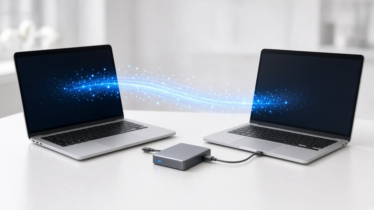 Zwei silberne Laptops auf weißem Tisch mit kleinem grauen Gerät und Kabeln dazwischen sowie blauen Datenströmen zwischen den Displays