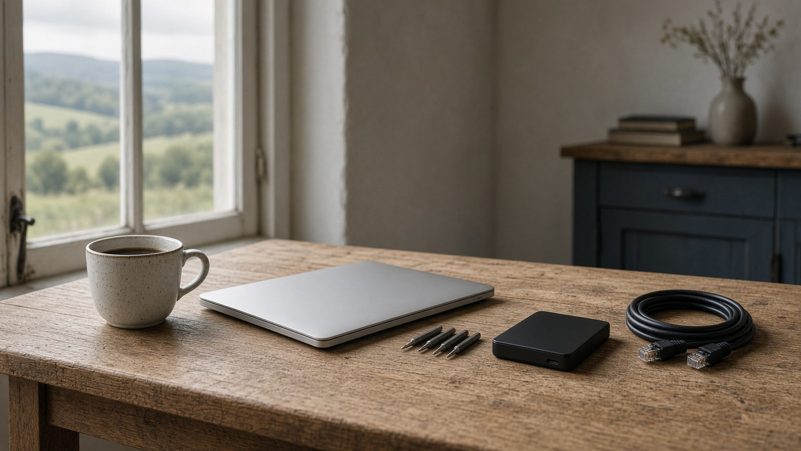 Werkbank mit Laptop, Werkzeug und Speicher — Arbeitsplatz von S.D.E. – Andre Weber