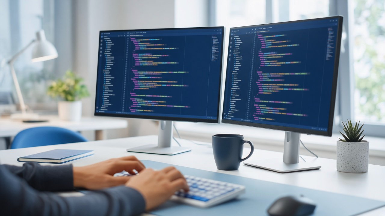 Hände tippen an weißer Tastatur vor zwei Monitoren mit Code, daneben Tasse, Maus und Pflanze auf Schreibtisch