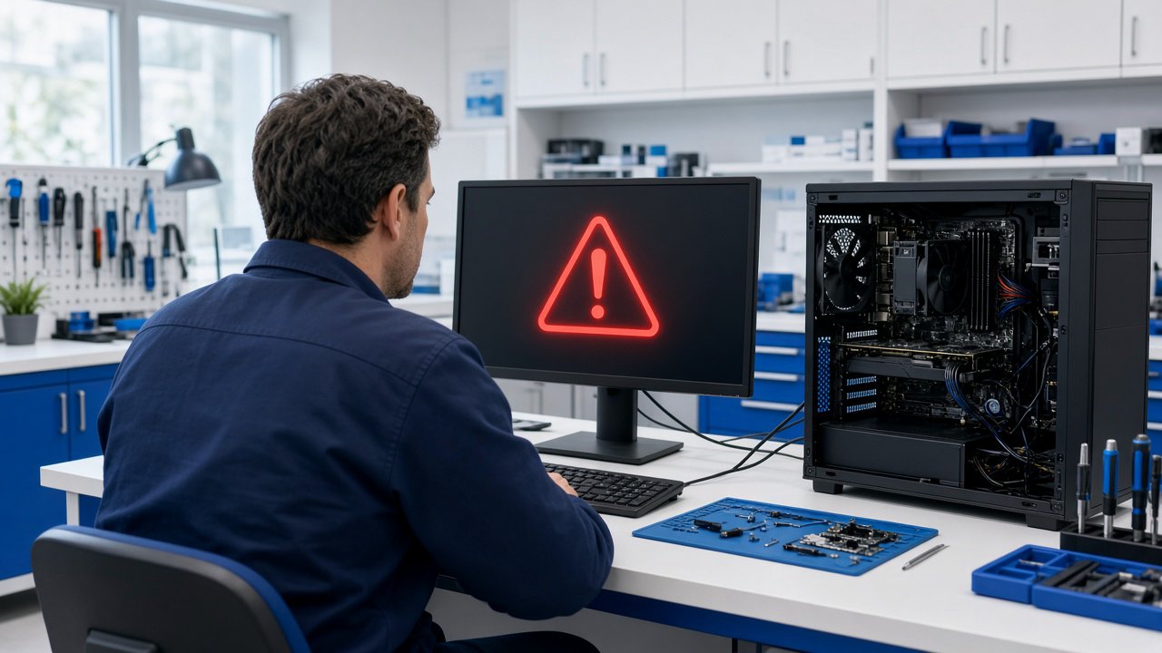 Mann in blauem Hemd sitzt an Werkbank vor Monitor mit rotem Warndreieck und offenem PC-Gehäuse