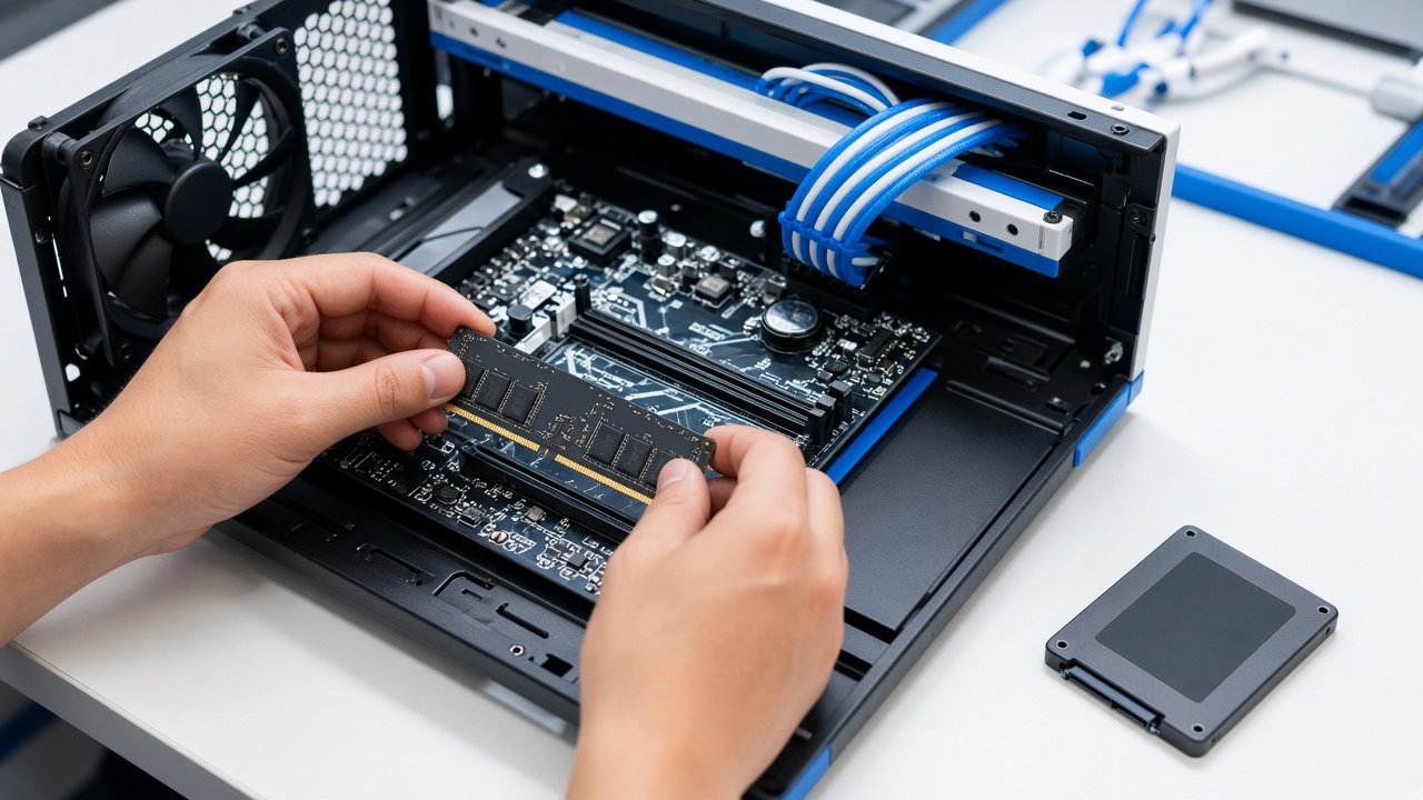 Hände setzen einen RAM-Speicherriegel in die Hauptplatine eines geöffneten PC-Gehäuses, daneben liegt eine 2,5-Zoll-Festplatte auf der Arbeitsfläche