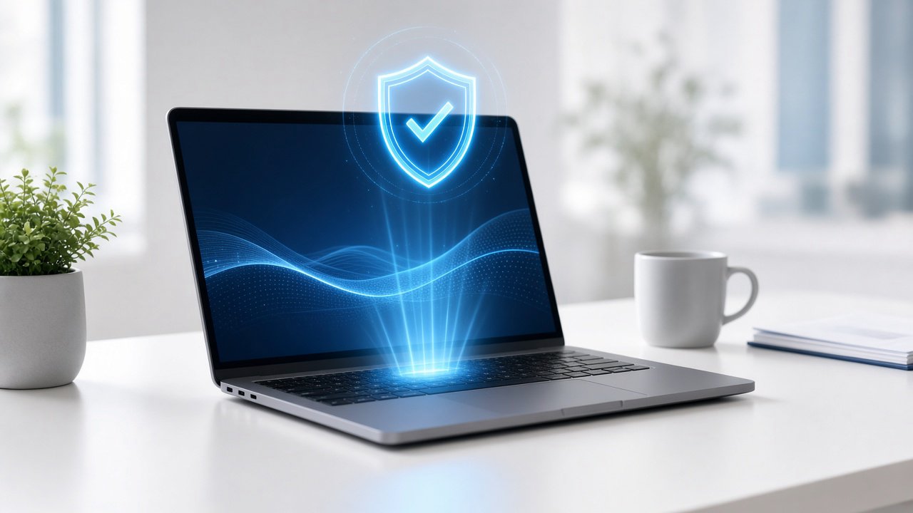 Laptop auf weißem Schreibtisch zeigt leuchtenden blauen Schutzschild mit Häkchen über dem Display, daneben Pflanze und Tasse