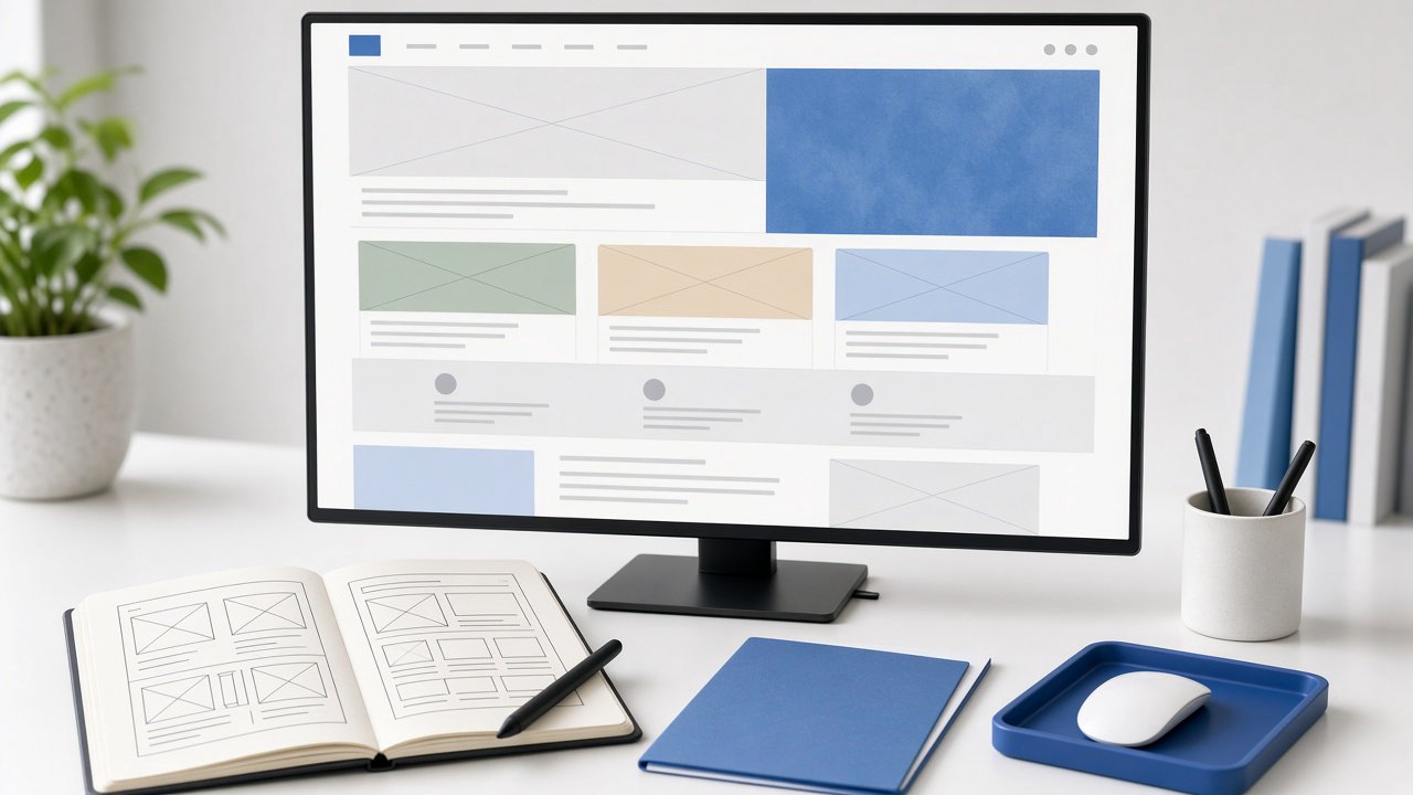 Computermonitor mit Website-Wireframe auf hellem Schreibtisch, umgeben von Skizzenbuch, Stiften, Notizbuch, Maus und Pflanze