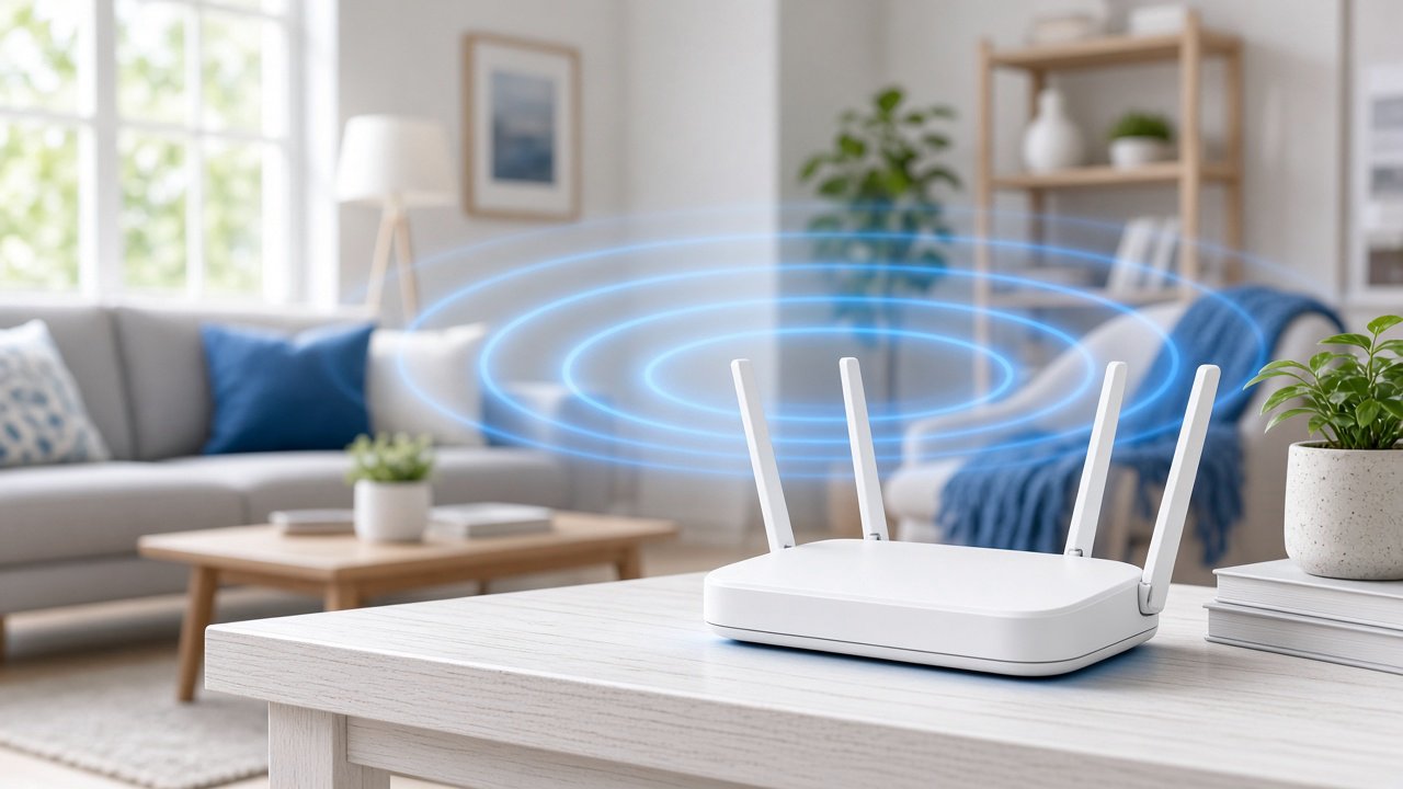 Weißer WLAN-Router mit vier Antennen auf hellem Holztisch, umgeben von blauen Signalringen, vor unscharfem Wohnzimmer